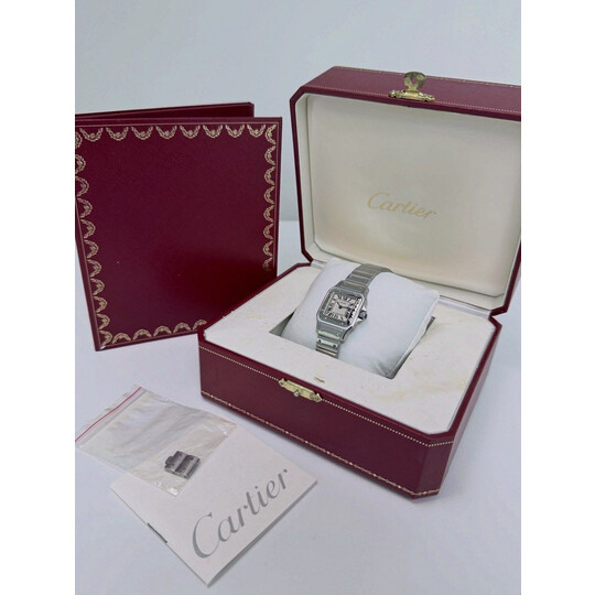 24mm • 2009 Cartier Santos Galbee Ref.1565 Cal.157 White Roman Dial Quartz Watch Full Set